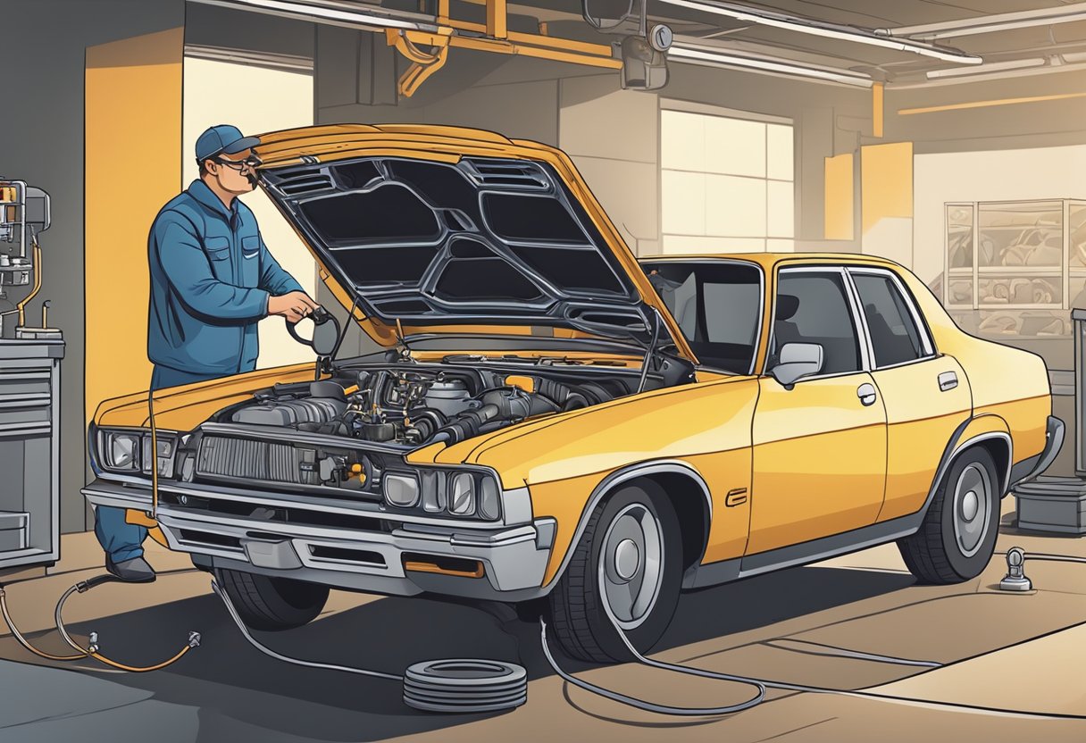 A car sits idle with a hood popped open, exposing the engine. A mechanic inspects the fuel system, focusing on the fuel injectors and fuel filter.

The car hesitates when accelerating