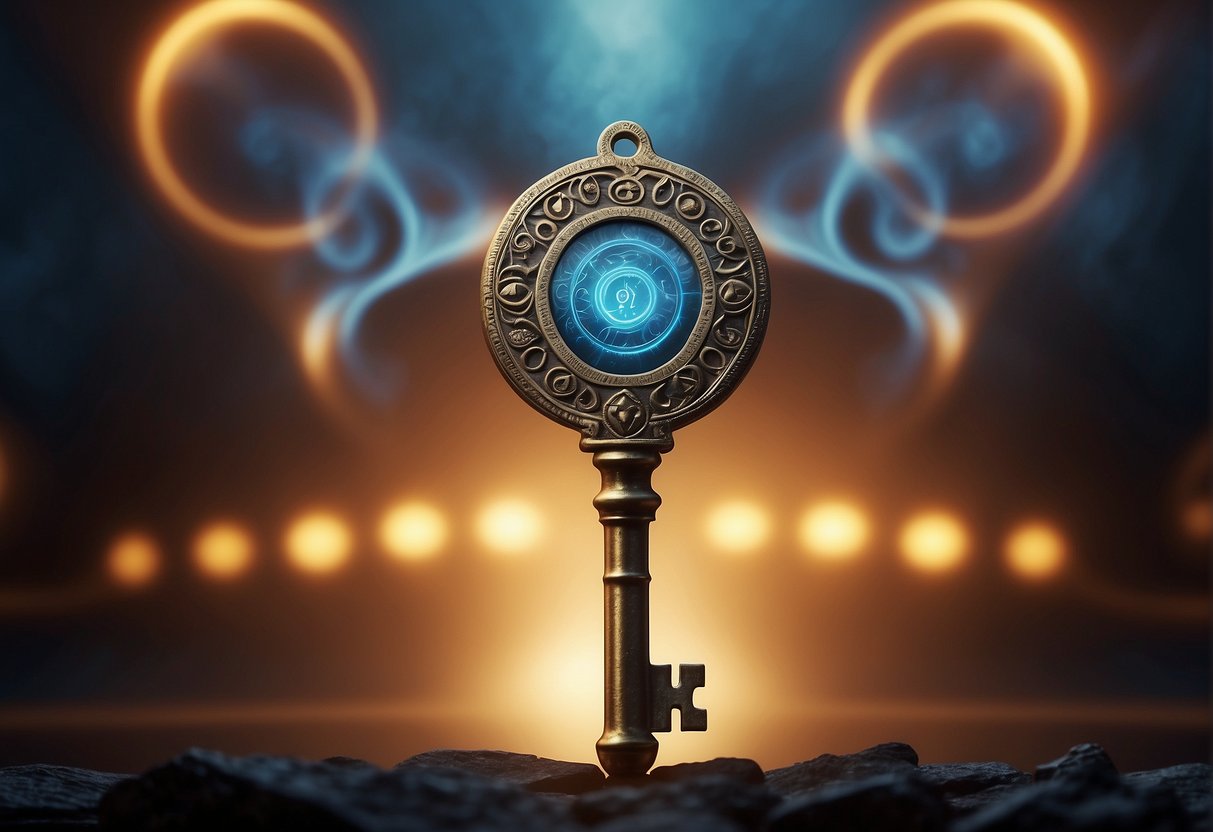 A glowing, mysterious key hovers above a swirling vortex, surrounded by pulsing energy and ancient symbols