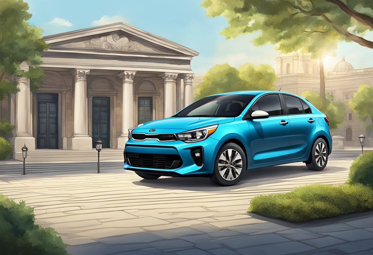 The Kia Rio sits parked in front of a historical building, showcasing its reliability and common issues