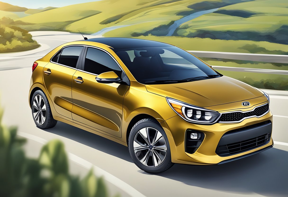 The Kia Rio zooms along a winding road, its sleek exterior gleaming in the sunlight.

Inside, the spacious interior provides a comfortable and relaxing ride, with modern features adding to the overall sense of reliability and performance