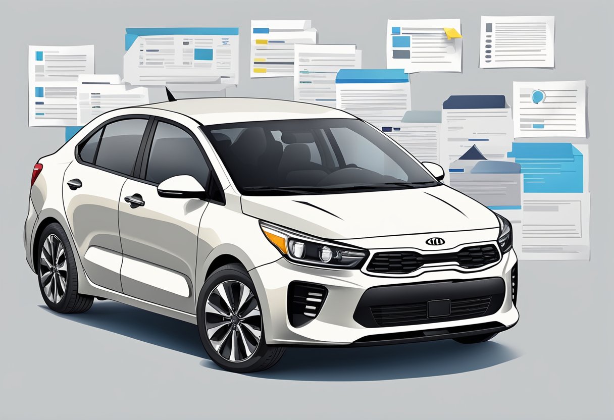 A Kia Rio surrounded by survey forms and feedback comments, showcasing its reliability and issues