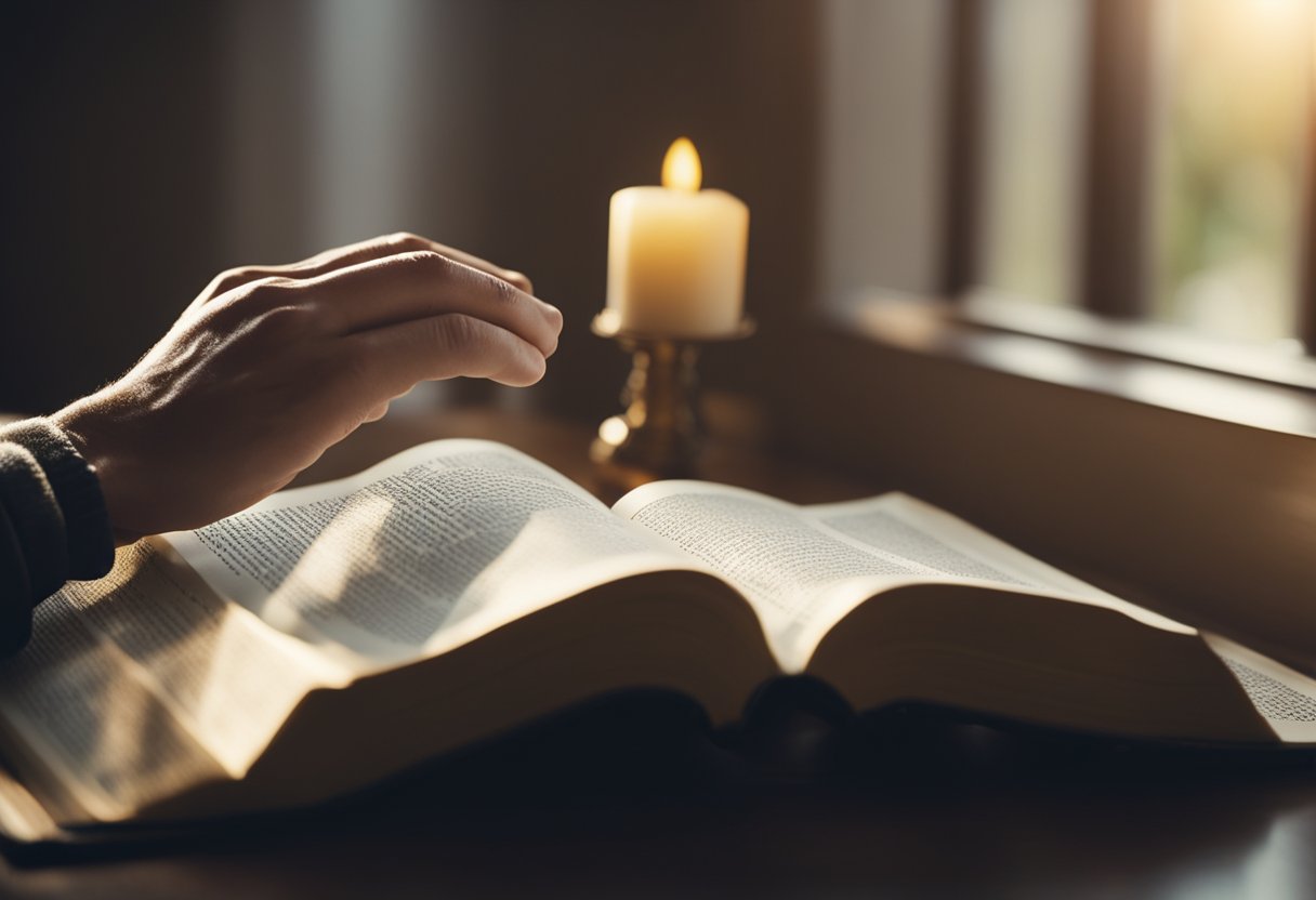 A person opens a Bible and reads a passage, then bows their head in prayer. Rays of light stream in through a window, illuminating the scene