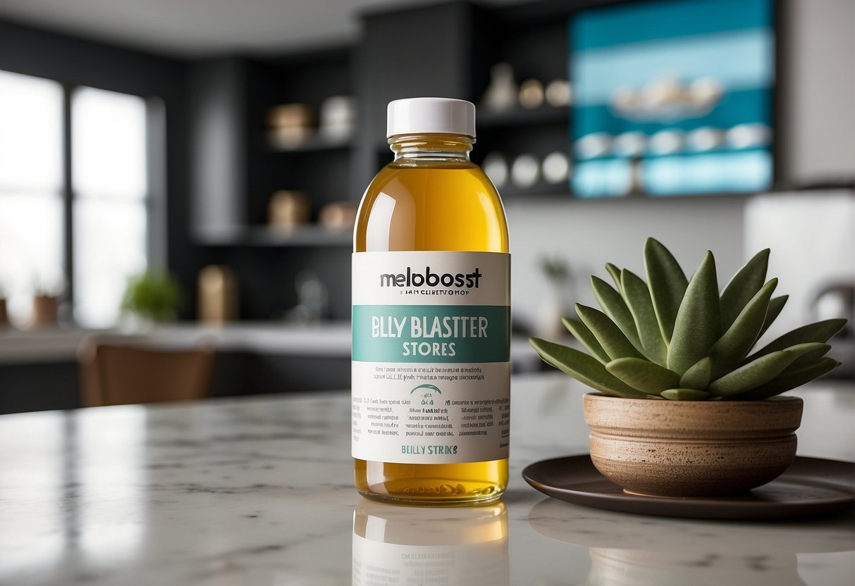 A bottle of MetaBoost belly blaster stands on a clean, white countertop. The label is bold and eye-catching, with the words "Real Success Stories and Testimonials" prominently displayed