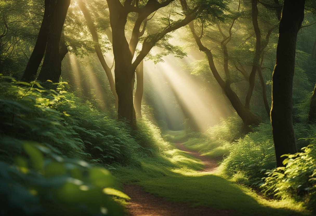 A narrow, winding path leading through a lush forest, with sunlight streaming through the canopy and birds singing in the distance