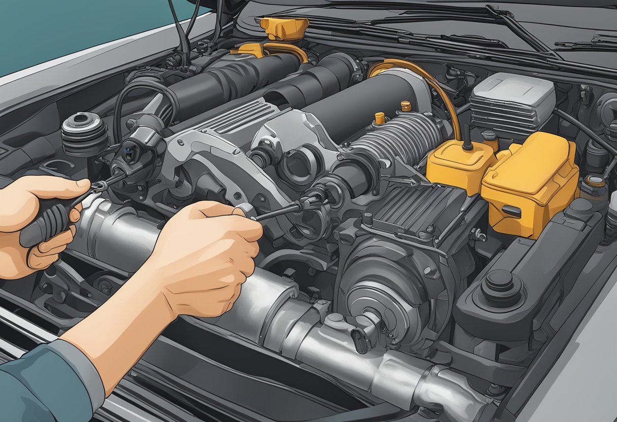 The steering rack is shown with signs of wear. A mechanic inspects for trouble.

Tools and replacement parts are nearby for preventative maintenance
