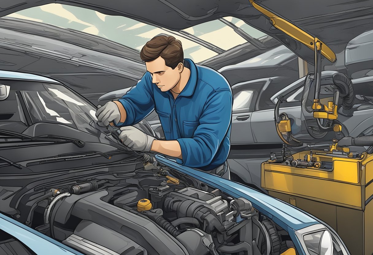 A mechanic inspects a steering rack for damage, using tools and diagnostic equipment. Signs of wear and tear are visible