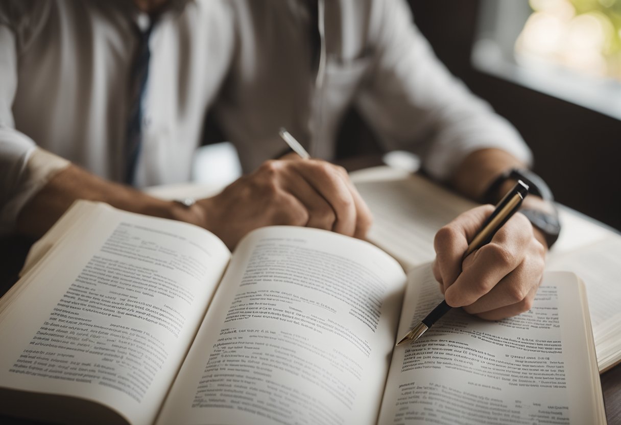 A person reading a book with "Our Promised Land" by Max Lucado open on a table, surrounded by a notebook, pen, and Bible