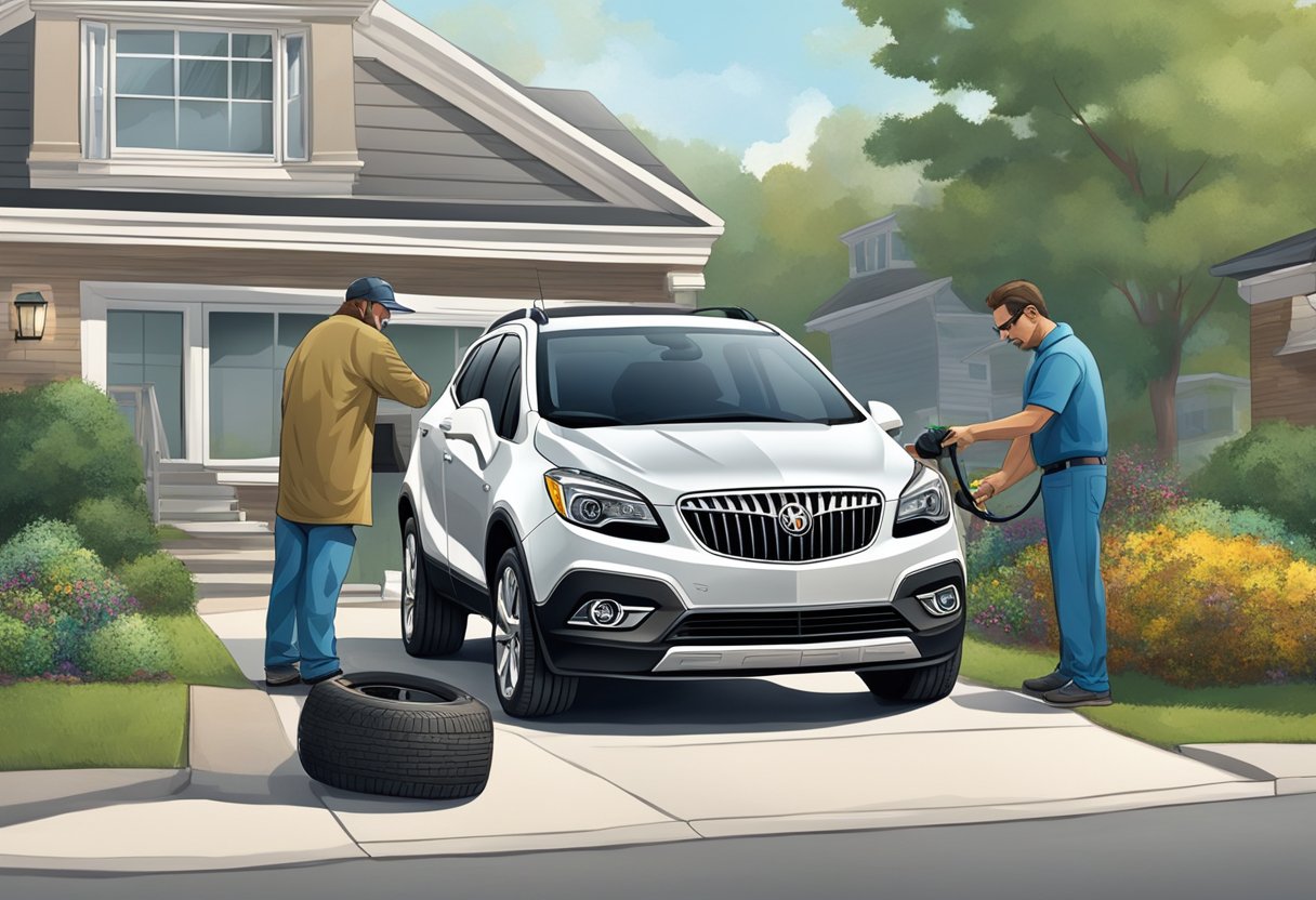 A Buick Encore parked on a suburban street, with a mechanic inspecting the engine for common problems