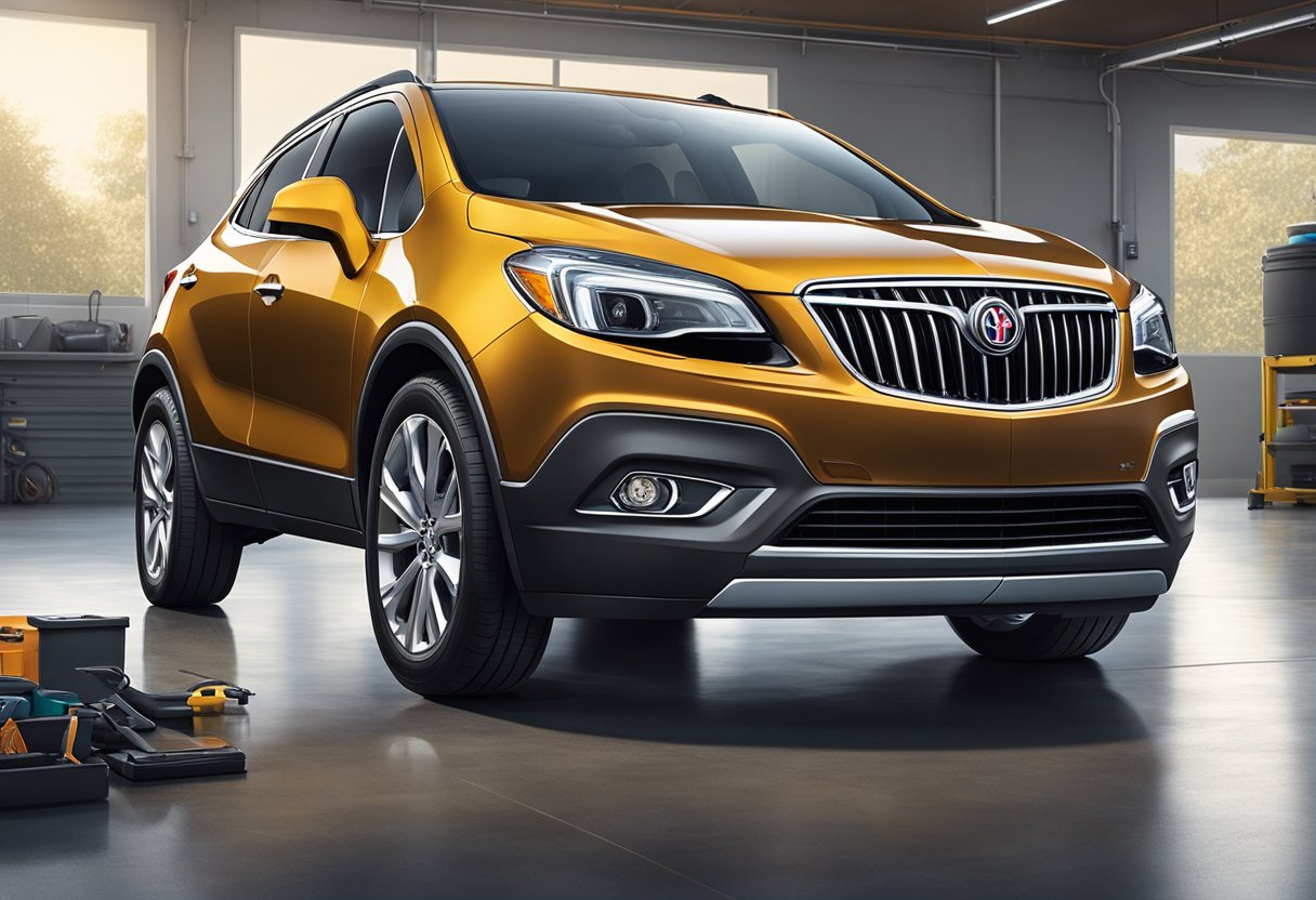 The Buick Encore sits in a clean, well-lit garage. Its hood is open, revealing a well-maintained engine.

Tools and diagnostic equipment are neatly organized nearby