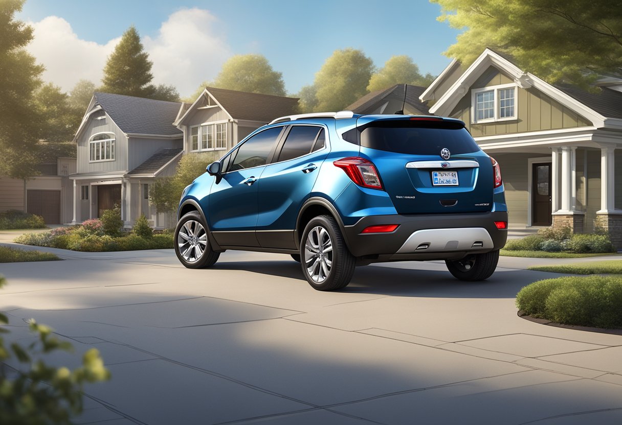 The Buick Encore sits in a driveway, surrounded by a suburban neighborhood.

A review website is displayed on a laptop, showing consumer feedback and reliability ratings