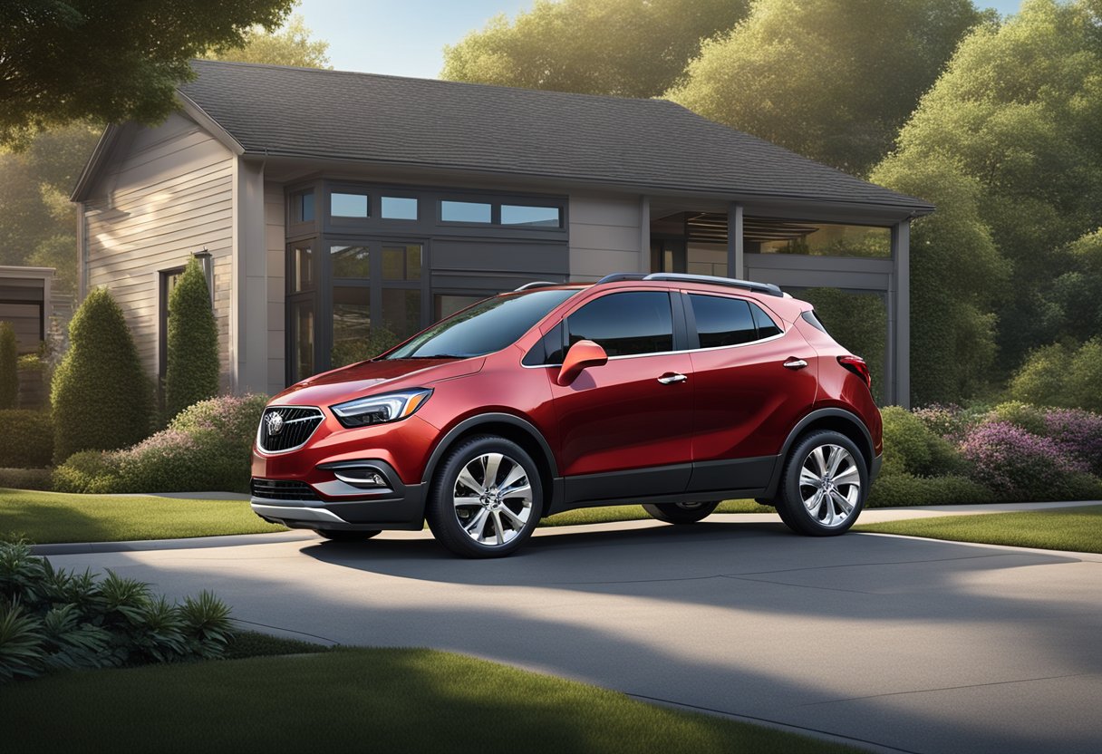 The Buick Encore sits parked in a suburban driveway, surrounded by greenery.

Its sleek exterior and clean lines suggest a reliable and low-maintenance vehicle