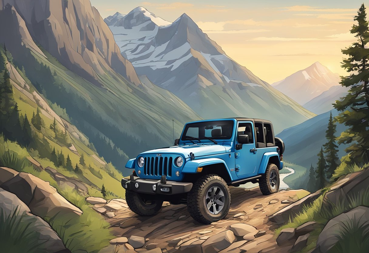 A Jeep driving up a rugged mountain trail, with a scenic backdrop and a sense of adventure and freedom