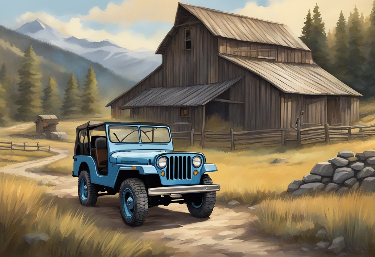 A vintage Jeep parked outside a rustic barn, surrounded by rugged terrain and historical landmarks. A faded sign nearby reads "Jeep: A Legacy of Adventure."