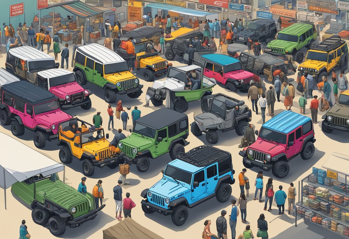 A crowded market with people flocking around a line of Jeeps, showcasing their rugged design and off-road capabilities, while a price tag highlights the premium prices they command due to high market demand and resale value