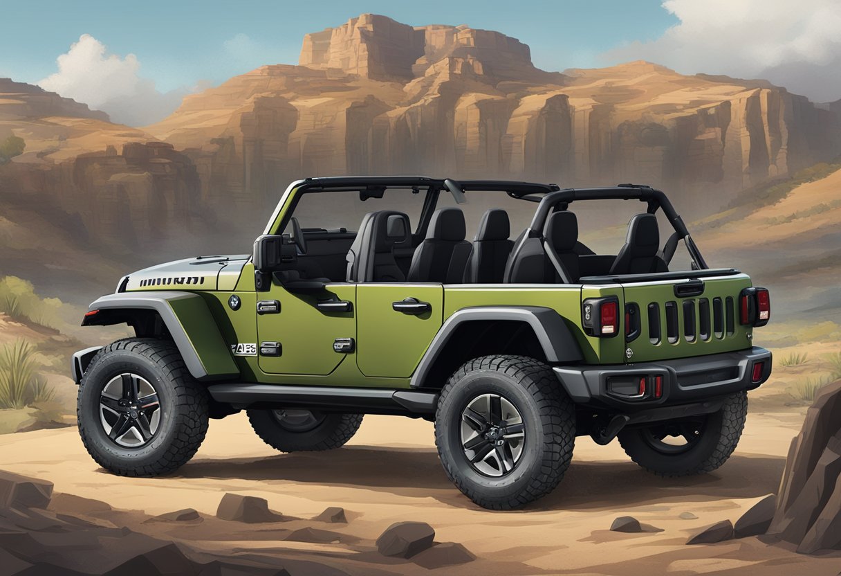 A Jeep parked in a rugged terrain, with its top down and doors removed, showcasing its customization and versatility