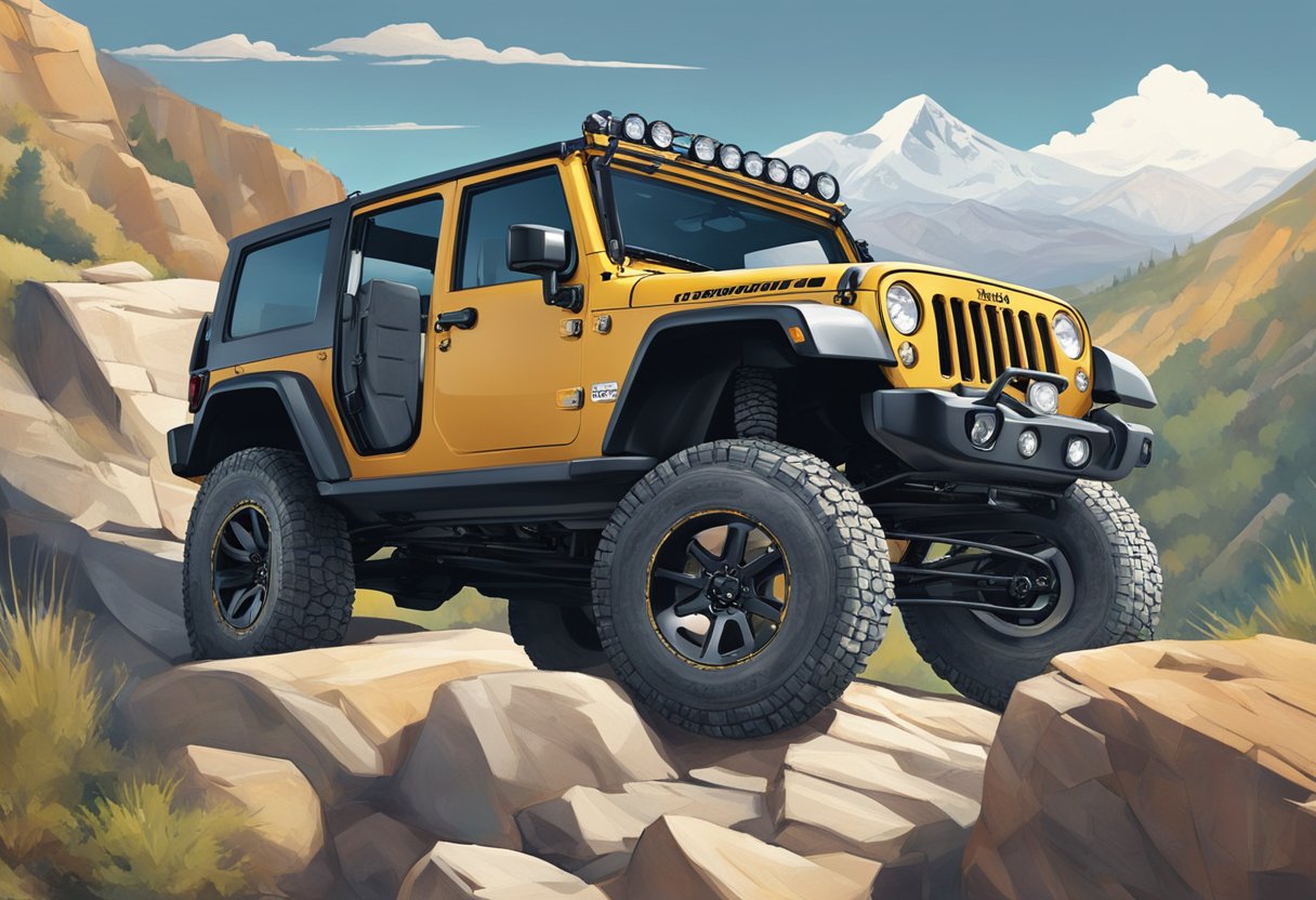 A rugged Jeep conquers a steep, rocky terrain, showcasing its power and versatility, while a luxurious cityscape looms in the background, highlighting its premium appeal