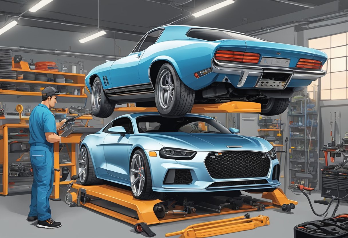 A mechanic adjusts the engine of a sleek GT car, surrounded by tools and custom parts.

The car sits on a lift, with a backdrop of a garage filled with other high-performance vehicles