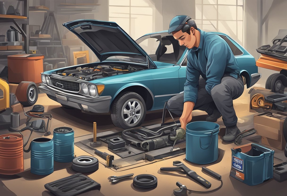 A mechanic replacing a charcoal canister under a raised car with tools and parts scattered around