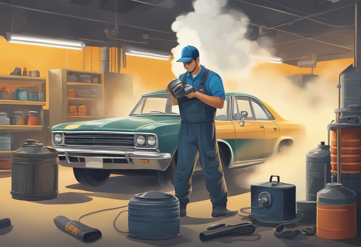 A car emitting smoke, check engine light on, and a mechanic holding a failing charcoal canister
