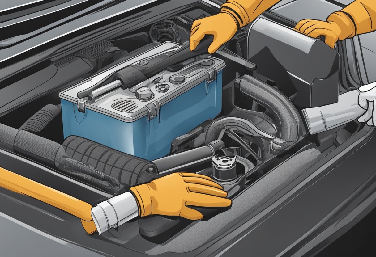 A mechanic inspects a car's charcoal canister. They hold a new one and demonstrate proper installation steps.

Tools and safety equipment are nearby