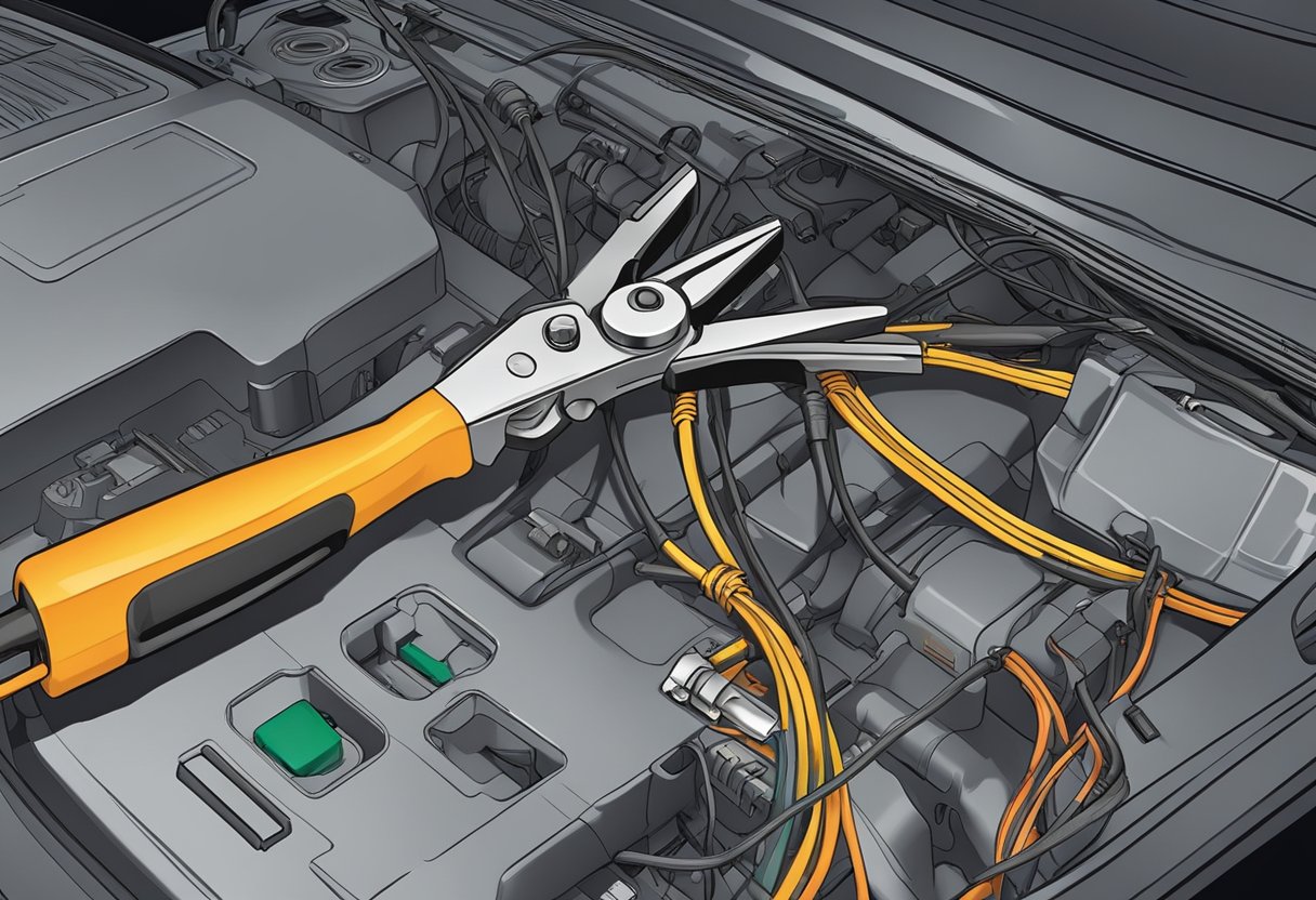 A pair of wire cutters snipping through a frayed car battery cable, with a new cable and terminal connectors nearby