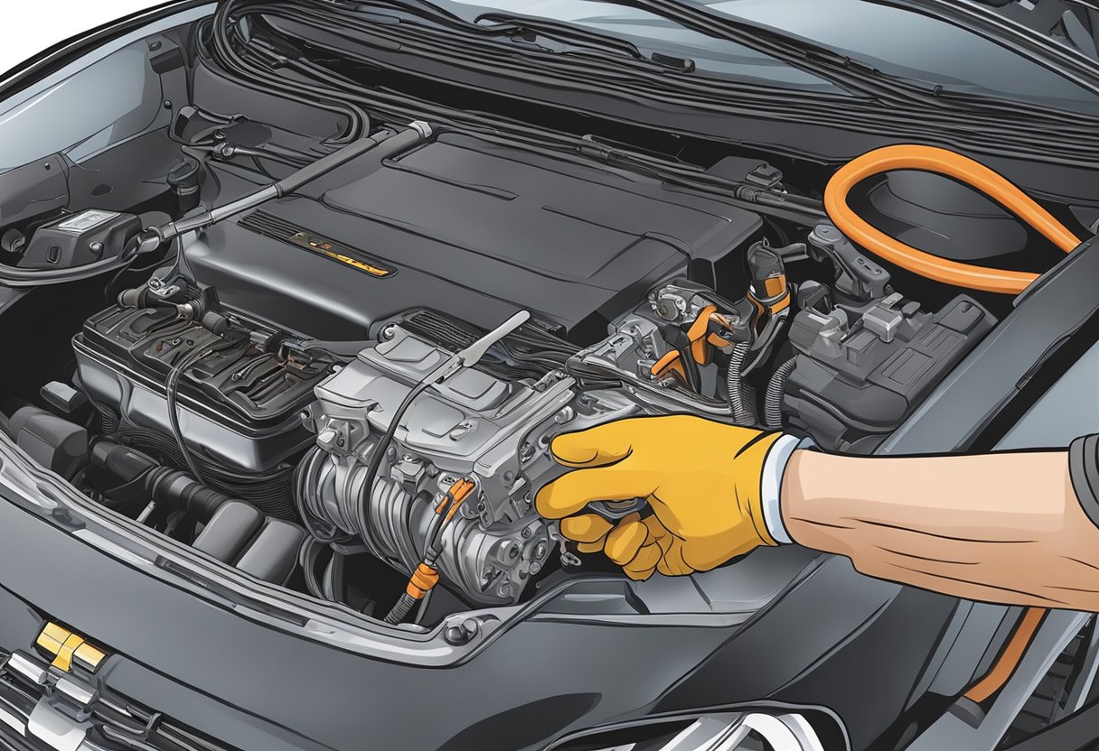 A pair of hands hold a set of new battery cables next to a car engine.

The old cables are disconnected and being removed, while the new cables are being carefully installed and secured in place