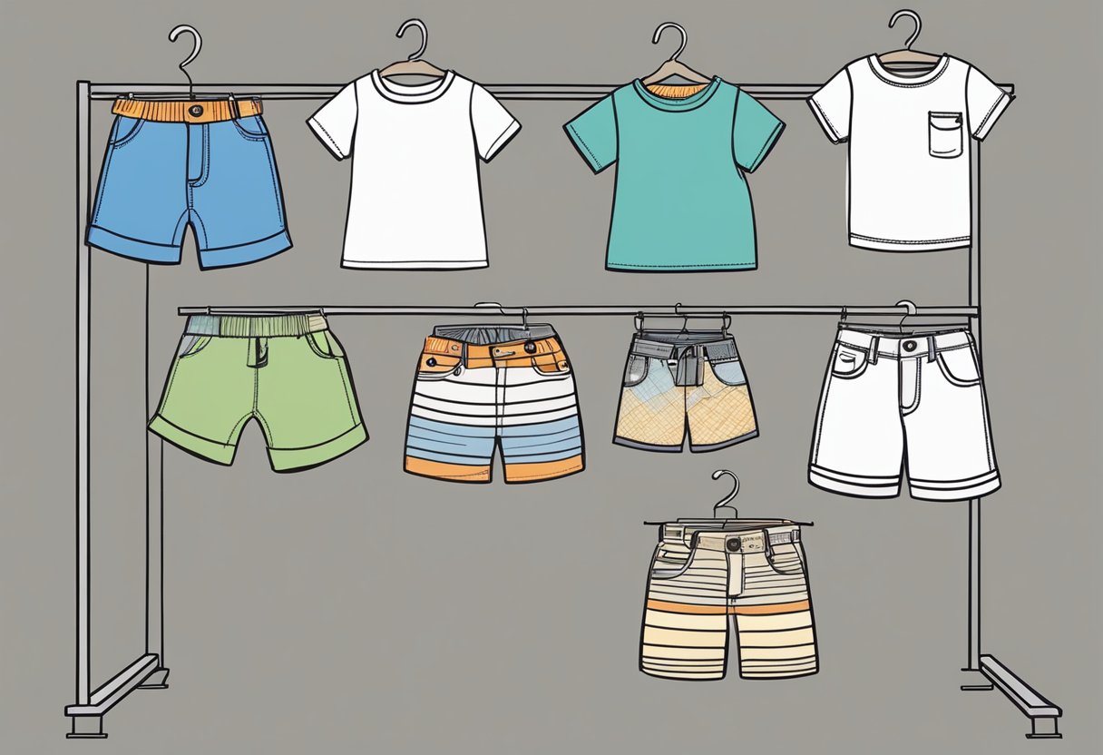 Kids' shorts displayed on a clothing rack, with various styles and colors for different occasions