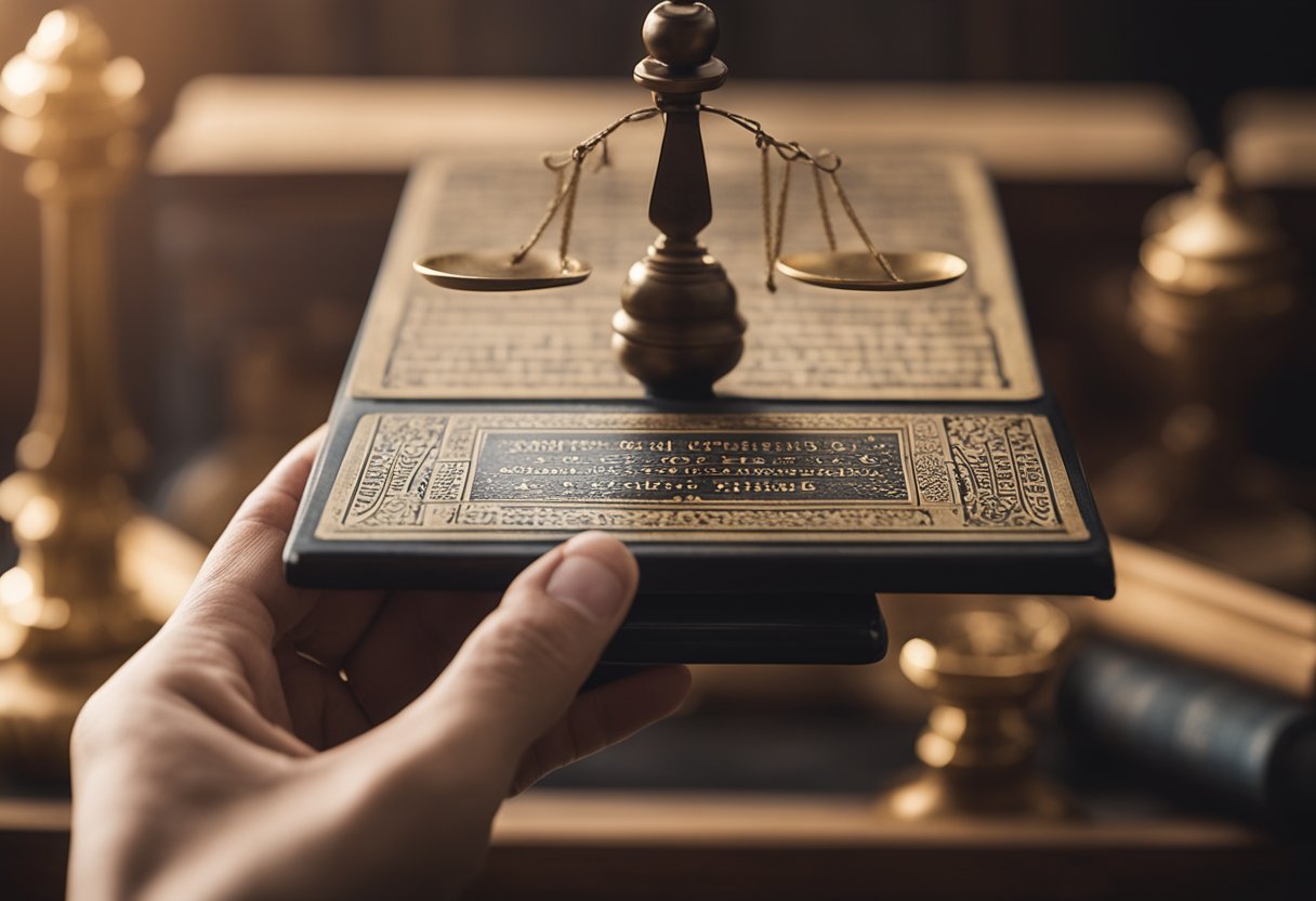 A scale held by a hand, symbolizing fairness, with ancient Christian texts in the background