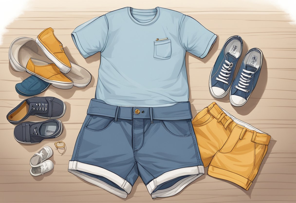 A child's shorts laid out on a bed, paired with a t-shirt and sneakers for a casual playdate. A button-up shirt and loafers for a more formal event
