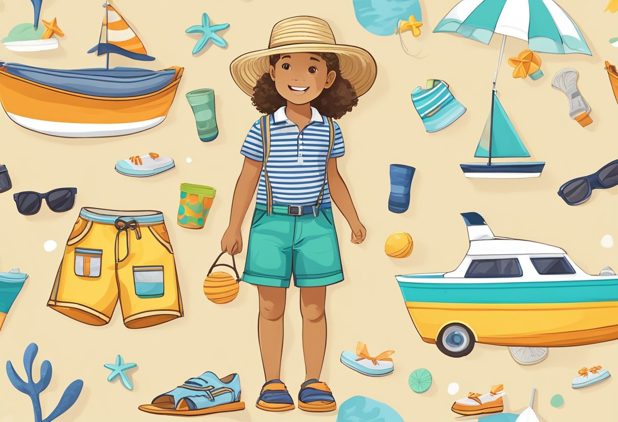 Children's shorts styled for various occasions: beach day with flip flops and a sun hat, birthday party with a colorful top and sneakers, and family outing with a polo shirt and boat shoes