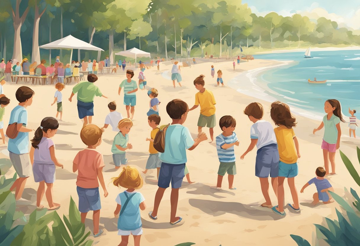 A sunny park with kids playing in casual shorts, while others wear dressy shorts at a family gathering. Beach shorts are worn by kids building sandcastles by the shore