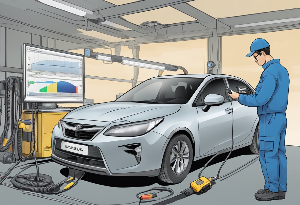 A car's O2 sensor reading a lean signal, with diagnostic equipment connected and a mechanic analyzing the data