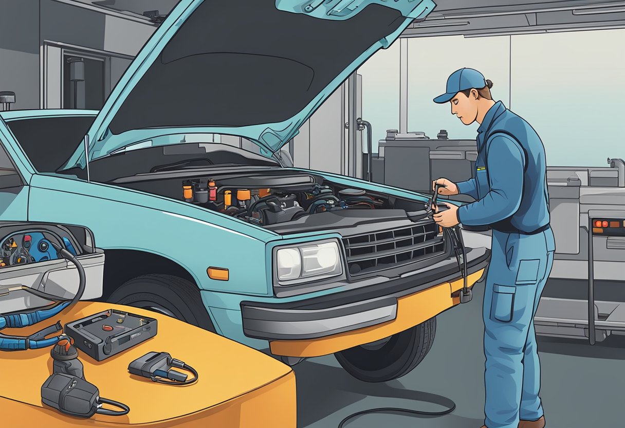 A mechanic using diagnostic tools to troubleshoot a car's O2 sensor lean signal issue