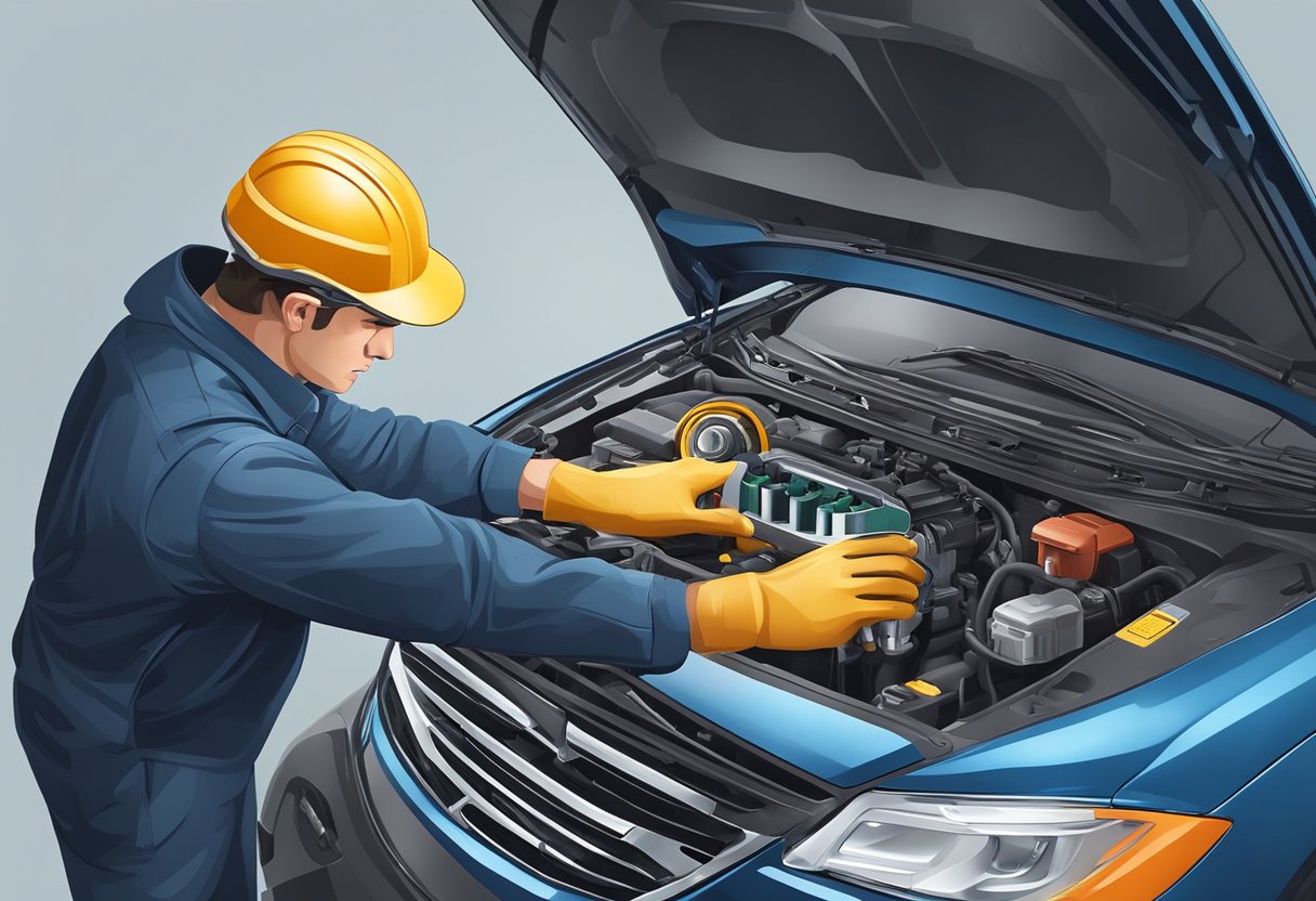 A mechanic examining a car engine with a diagnostic tool connected to the IAT sensor