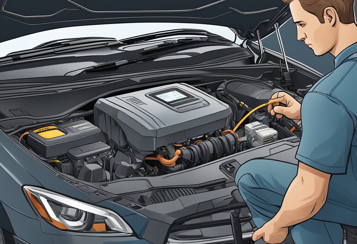 The engine hood is open, revealing the IAT sensor location near the air intake. A mechanic holds a multimeter, checking the sensor's electrical connections.

A diagnostic code reader is plugged into the OBD port