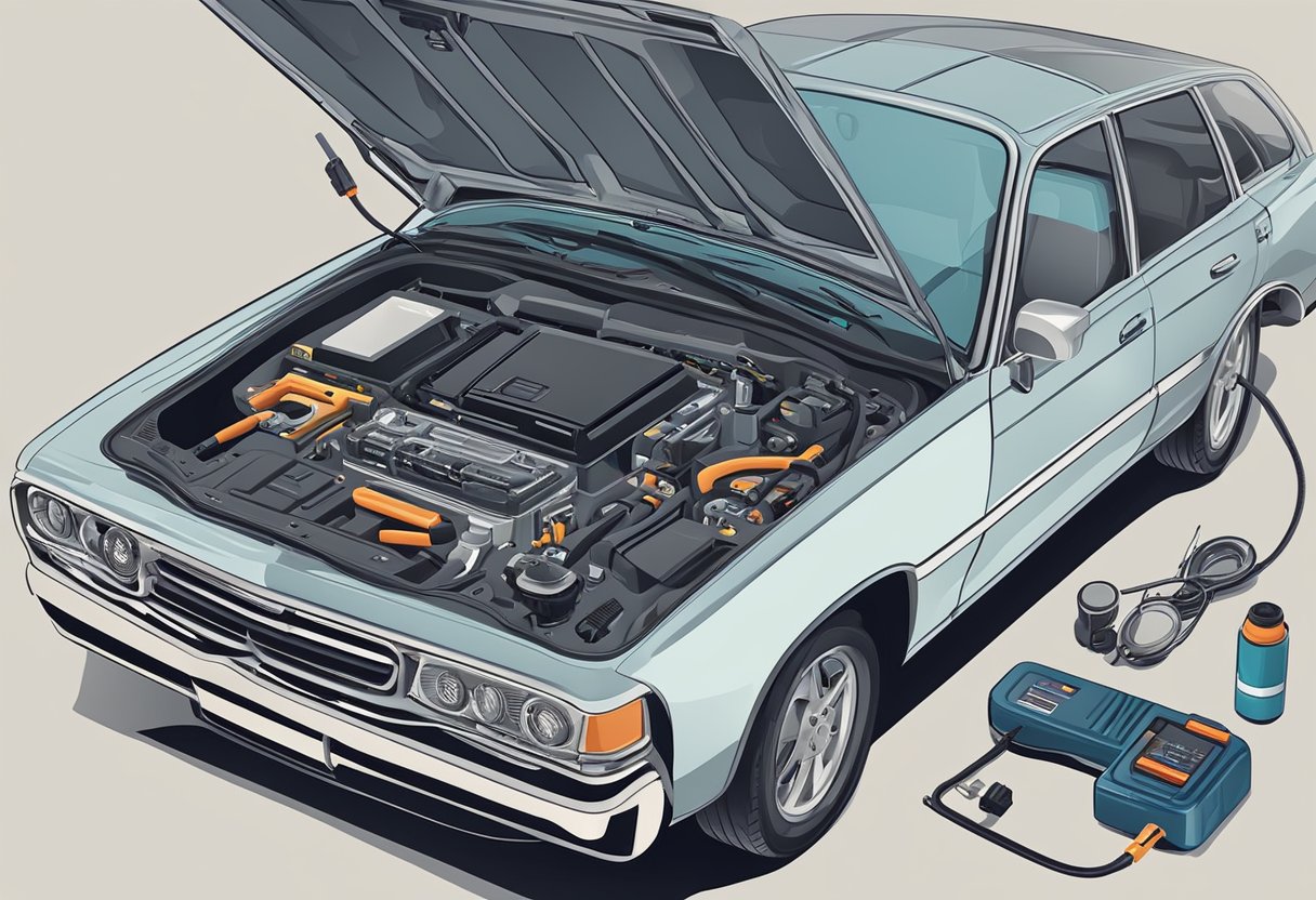 An open car hood with a mechanic's hand holding a diagnostic tool near the IAT sensor, surrounded by various tools and a repair manual