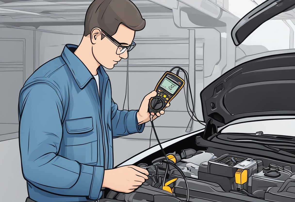 A mechanic checks the IAT sensor with a multimeter. The sensor is located near the air intake.

The mechanic follows the troubleshooting guide