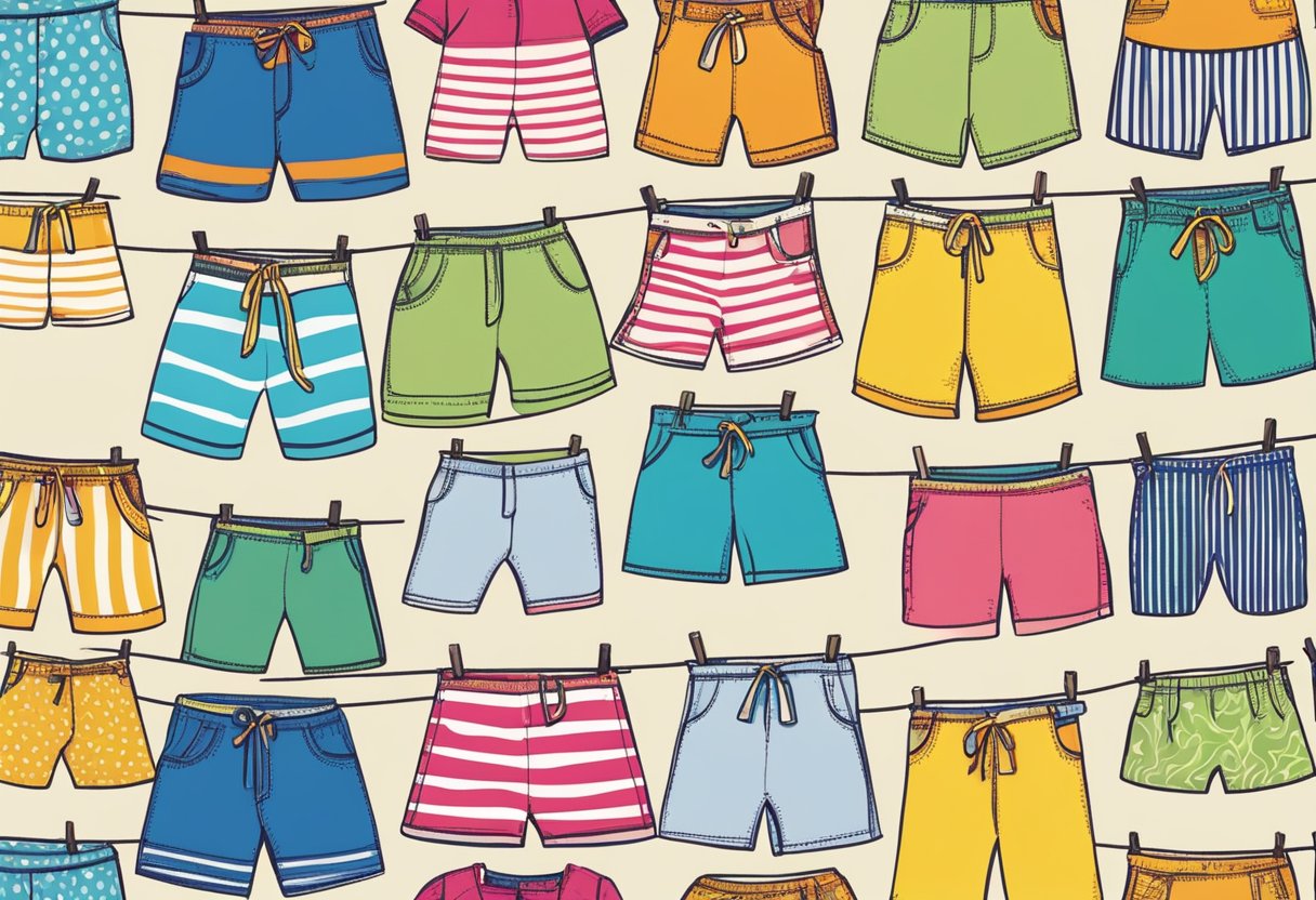 Brightly colored kids shorts displayed on a clothesline, swaying in the breeze. A variety of patterns and styles catch the eye, from bold stripes to playful prints