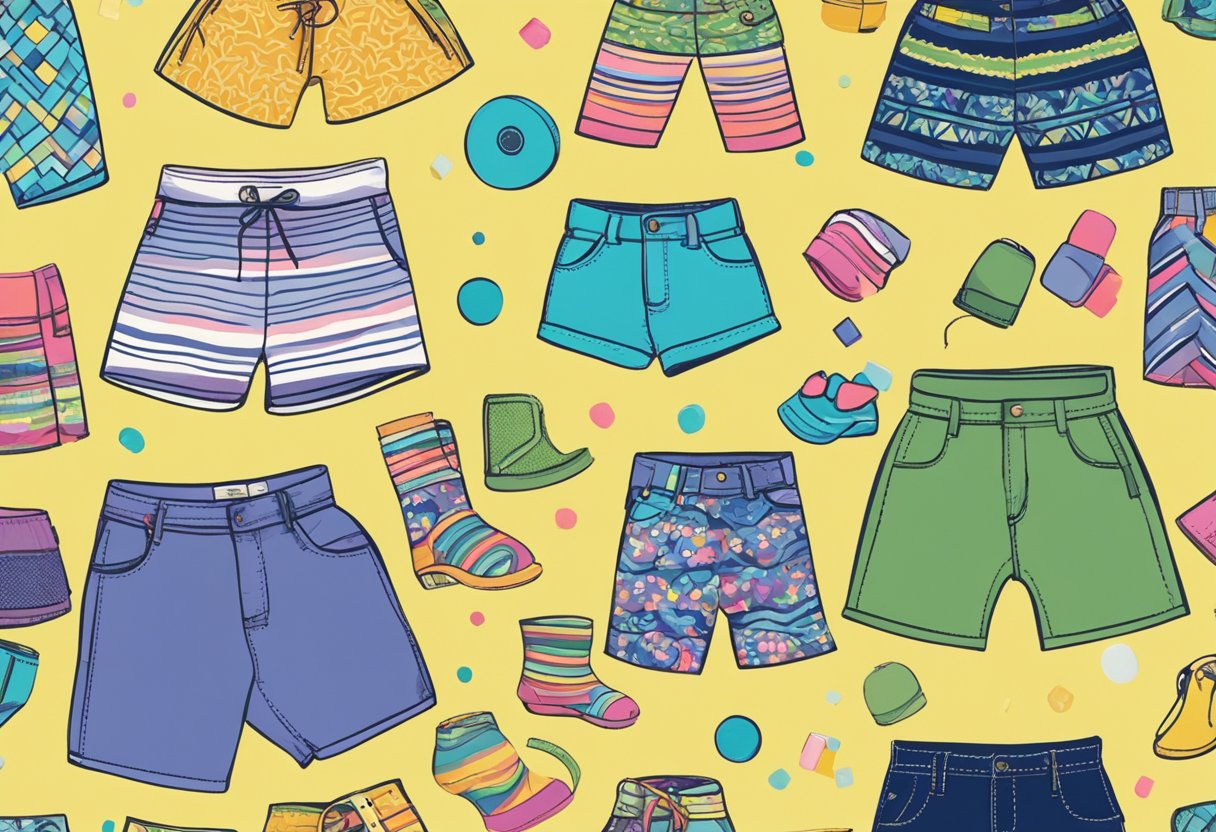 Kids shorts display: vibrant colors, bold patterns, and playful designs. Trending styles include high-waisted, tie-dye, and retro prints