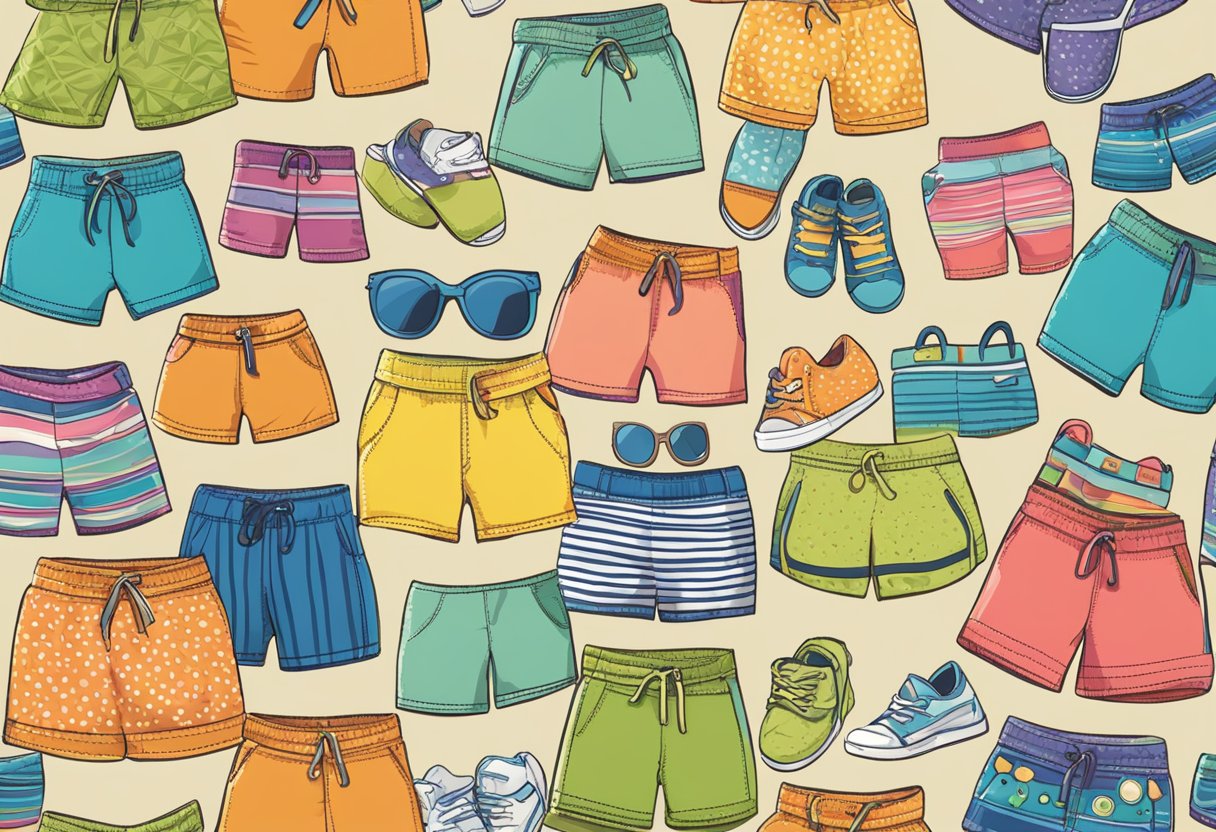 A colorful display of kids' shorts in various lengths and patterns, with vibrant summer colors and lightweight fabrics, showcased on a beach or playground setting