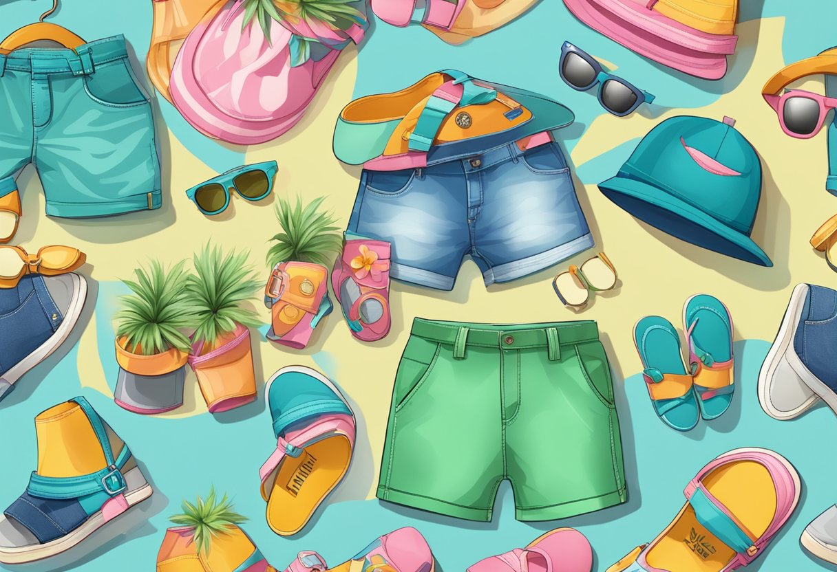 A colorful display of kids' shorts, paired with trendy accessories like hats, sunglasses, and sandals, arranged on a stylish backdrop