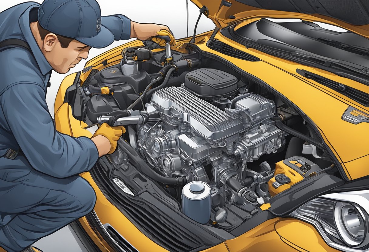 A mechanic pouring fresh oil into a Chrysler 200 engine, with various maintenance tools and essentials displayed nearby