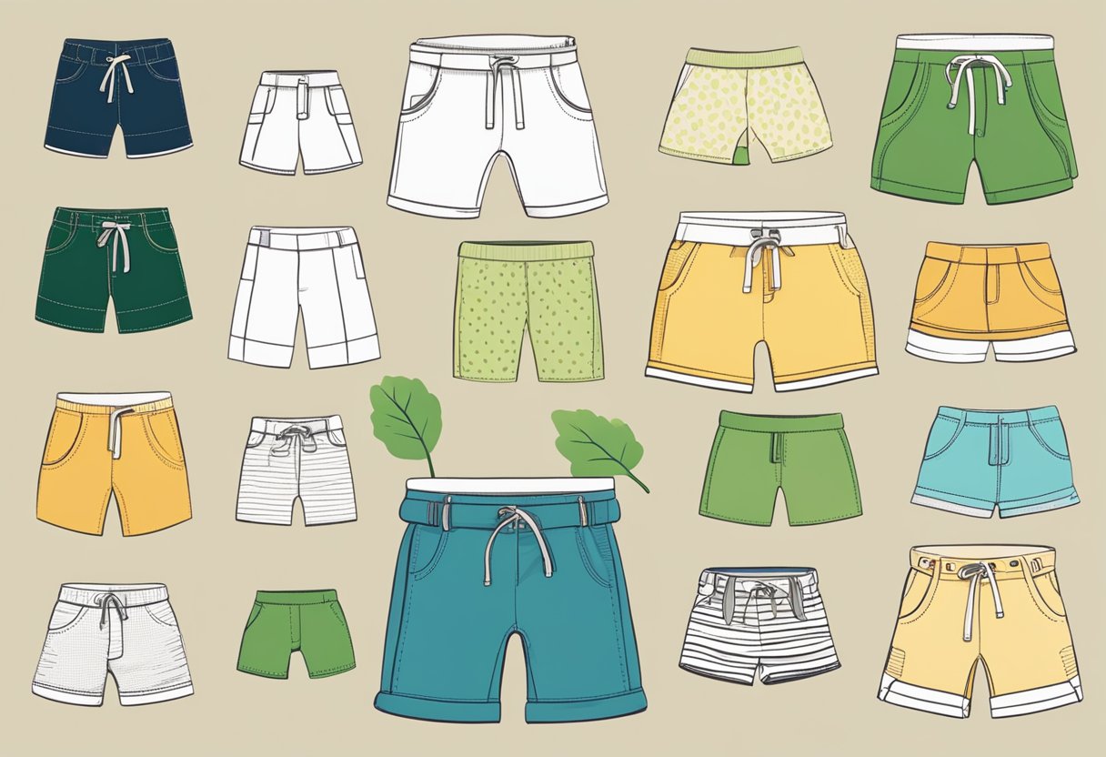 A display of eco-friendly kids' shorts in various styles and colors, with labels indicating sustainable and ethical production methods