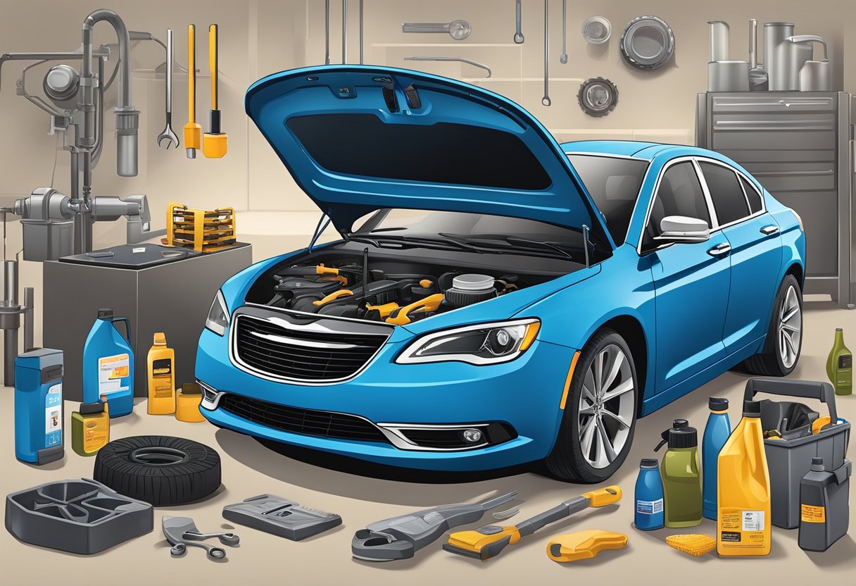 A mechanic pours fresh oil into a Chrysler 200, with various maintenance tools and essential items laid out nearby