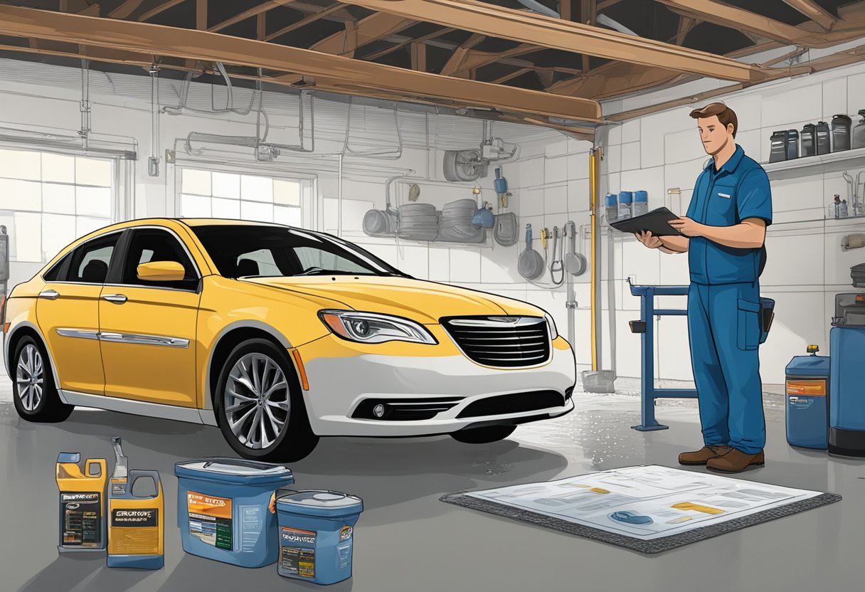 A Chrysler 200 sits in a garage, oil puddle underneath.

A mechanic inspects the engine, oil filter in hand, while a chart on the wall lists common oil issues