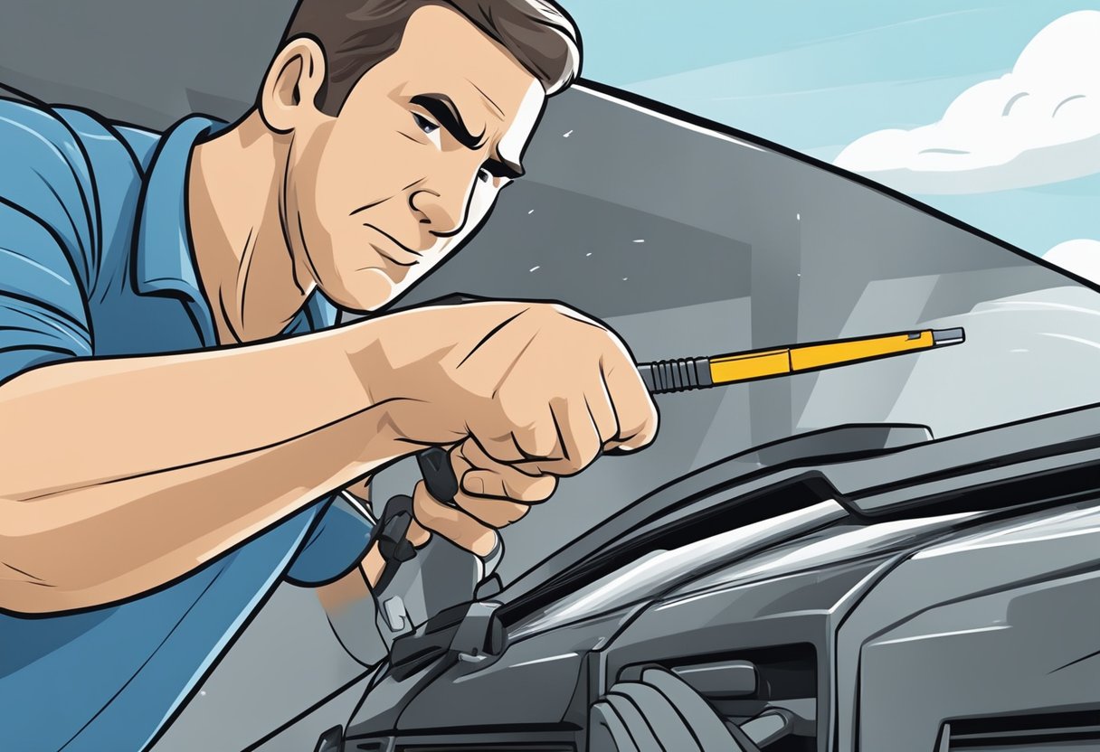 A mechanic adjusts the windshield wipers with a screwdriver, trying to fix the stubborn wipers that won't turn off