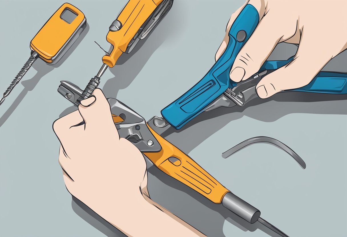 A hand holding a broken bumper clip. Another hand using a screwdriver to remove the broken clip.

A new clip being inserted and secured into place