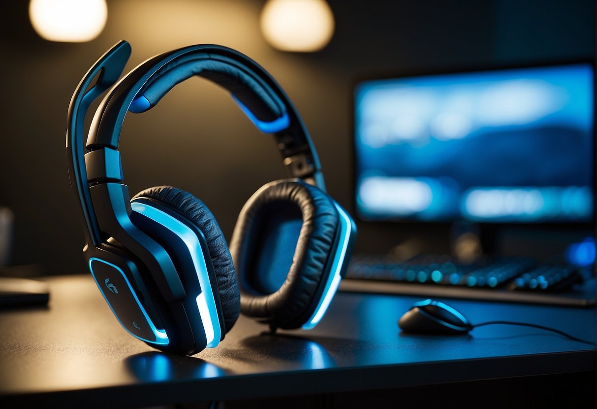 A Logitech G430 gaming headset sits on a sleek desk, illuminated by the soft glow of computer monitors. The headset's black and blue design stands out against the background, with the adjustable microphone and comfortable ear cups clearly visible