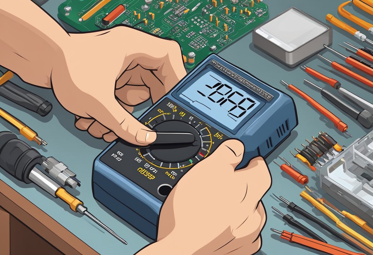 A multimeter measures voltage across a blower motor resistor.

A technician holds a soldering iron, repairing the resistor on a workbench