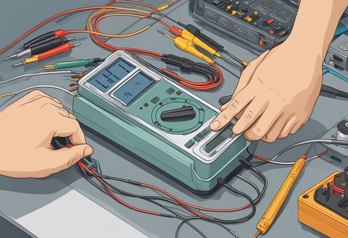 A hand holding a multimeter probes the blower motor resistor. Tools and wires scattered on a workbench.

Schematic diagram in the background